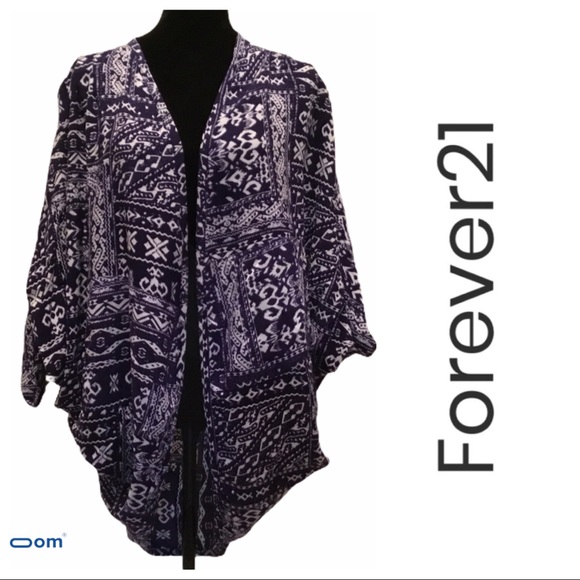 Forever 21 long boho Aztec blue & white Kimono - Picture 1 of 7